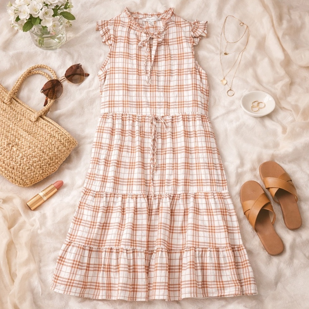 Julia Jordan Plaid Midi Dress Size 8 Cottage-core Ruffle Tie Neck Tiered